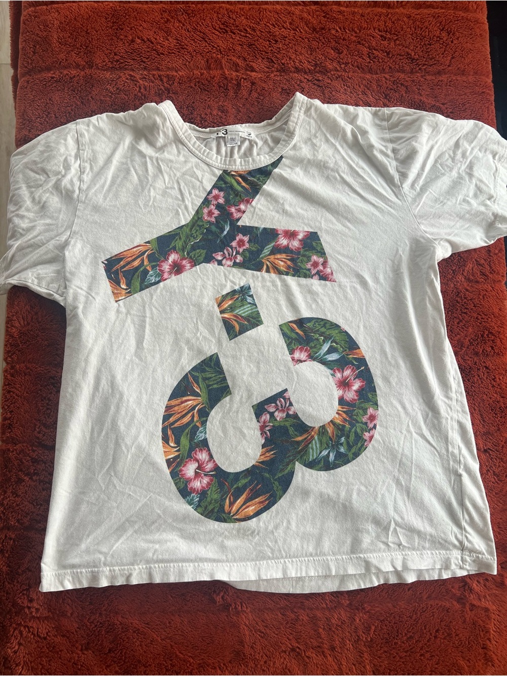 Y-3 White Short Sleeve Tee with Tropical Floral Logo